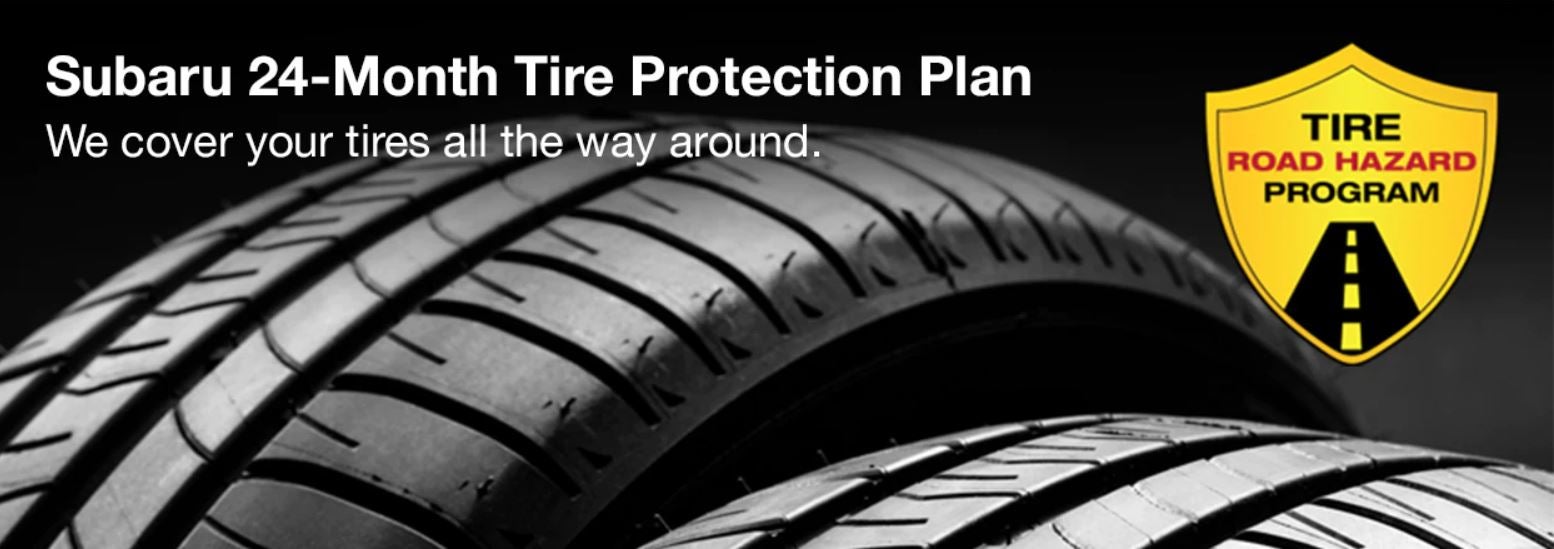 Subaru tire with 24-Month Tire Protection and road hazard program logo. | Island Subaru in Staten Island NY